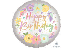 Foil Balloon - "Happy Birthday" - Flowers - Satin - 45 cm
